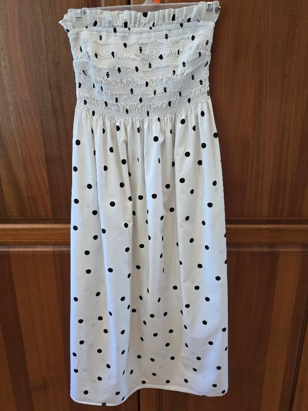 H&M strapless midi dress small in white and black polka-dot